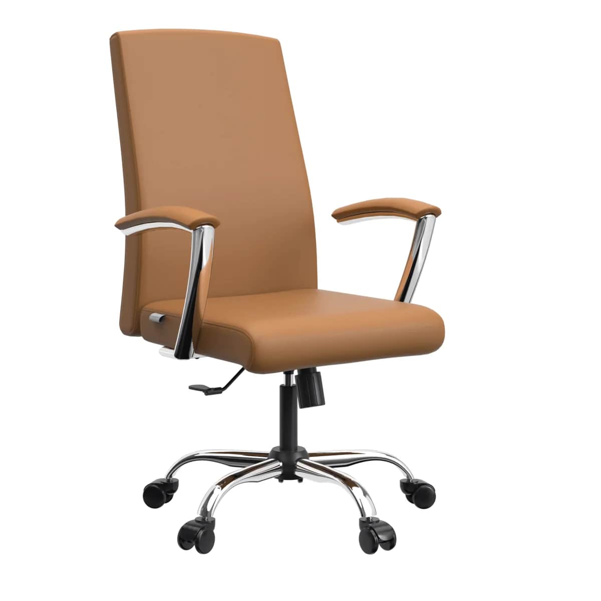 A modern high-back executive office chair featuring a tan or light brown faux leather upholstery. It… — 3D model