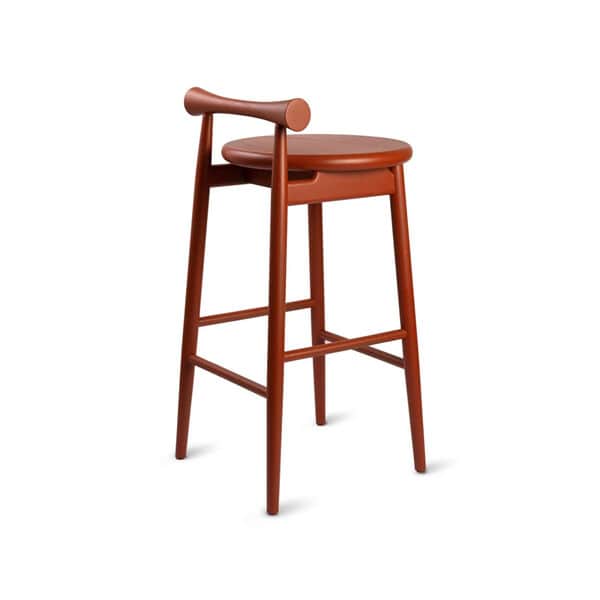 A reddish-brown wooden bar stool featuring a rounded, slightly dished seat and a distinctive, gently… — 3D model