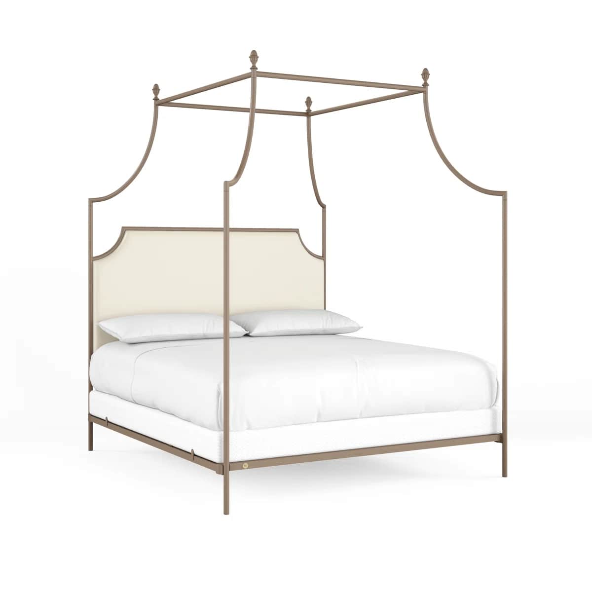 A canopy bed with a metal frame and an upholstered headboard. The frame consists of four vertical po… — free OBJ 3D model