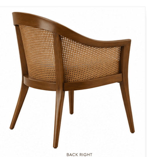 A medium-brown wooden armchair featuring a curved backrest and integrated armrests. The backrest is crafted from woven cane, providing a light, breathable texture. The chair is supported by four tapered, splayed legs. The overall design suggests a Mid-Century Modern aesthetic. — 3D model