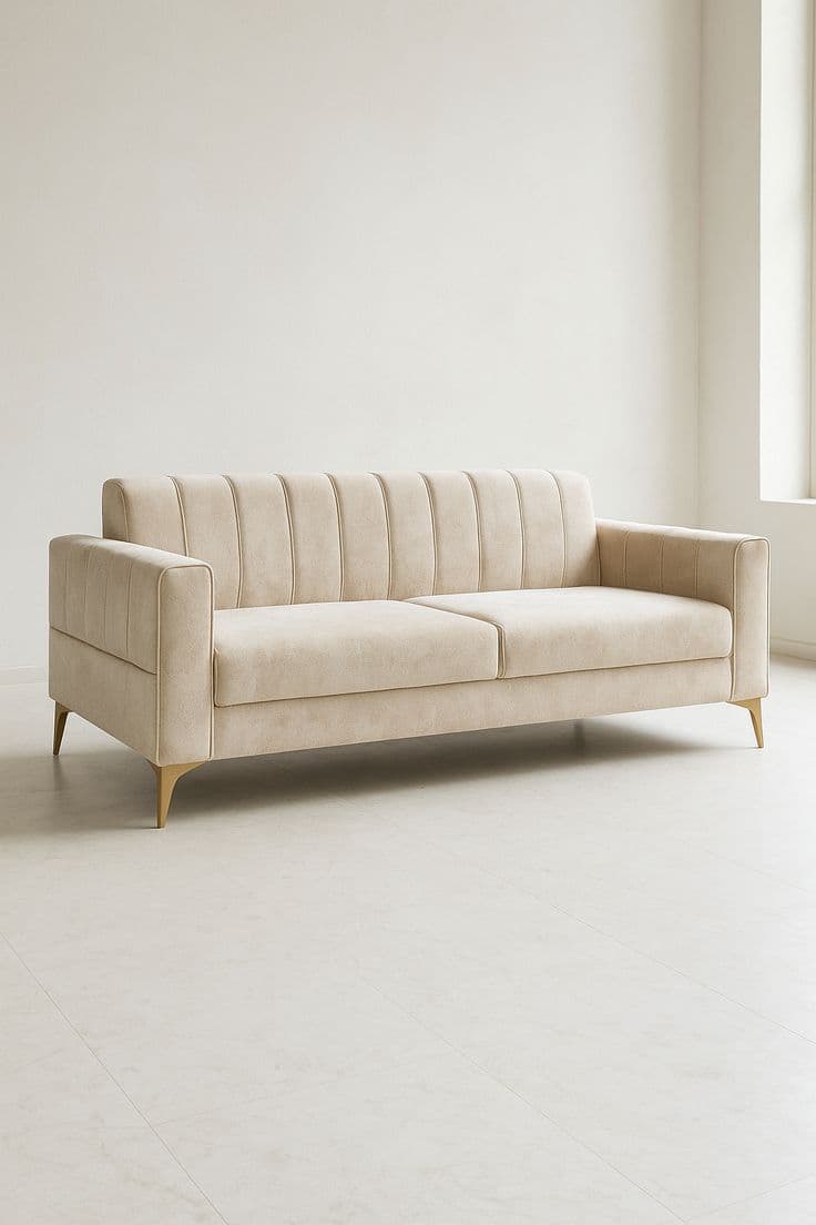 A cream-colored, two-seater sofa featuring channel tufting on its backrest and armrests, supported by slender, tapered golden metal legs. The sofa has a sleek, modern aesthetic with clean lines and plush, individual seat cushions. — 3D model