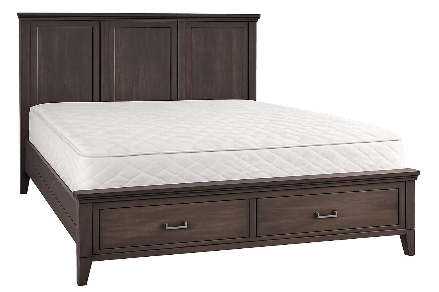A dark brown wooden platform bed featuring a tall paneled headboard and two integrated storage drawers within the bed frame. The design is contemporary with a transitional influence, characterized by clean lines and recessed panel details. A white mattress is visible on the bed frame. — 3D model