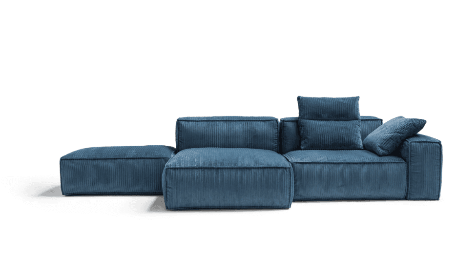 A contemporary L-shaped sectional sofa upholstered in blue corduroy fabric, featuring a chaise loung… — free STL 3D model