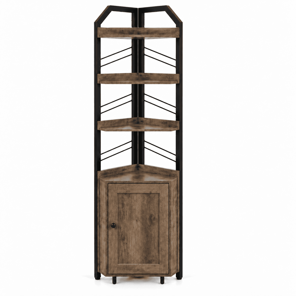 A tall corner shelving unit featuring a black metal frame and distressed dark brown wood-look panels… — free BLEND 3D model