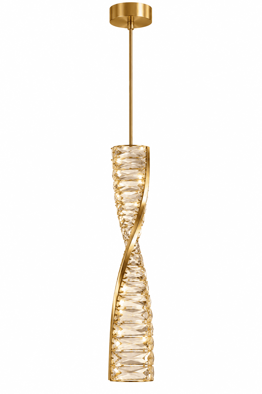 A luxurious modern pendant light featuring a golden metallic frame twisted around a cylindrical arra… — 3D model