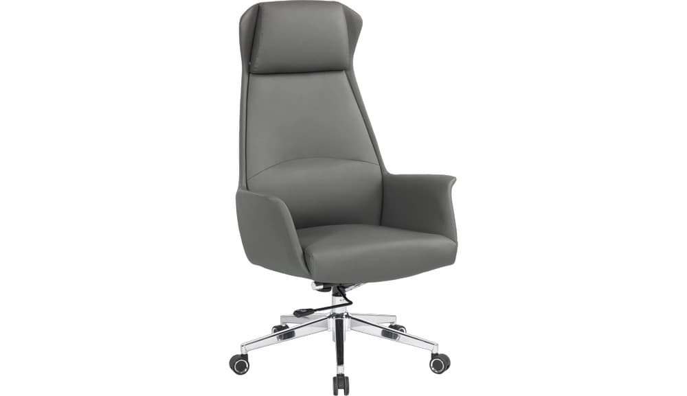 A modern executive office chair featuring a high backrest, integrated headrest, and padded armrests, all upholstered in a sleek gray faux leather. It is supported by a polished chrome five-star base with dual-wheel casters, and includes a gas lift mechanism for height adjustment. — 3D model