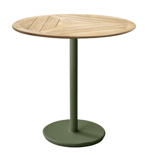 A modern round table featuring a slatted natural wood top and a single pedestal base in a muted gree… — 3D model