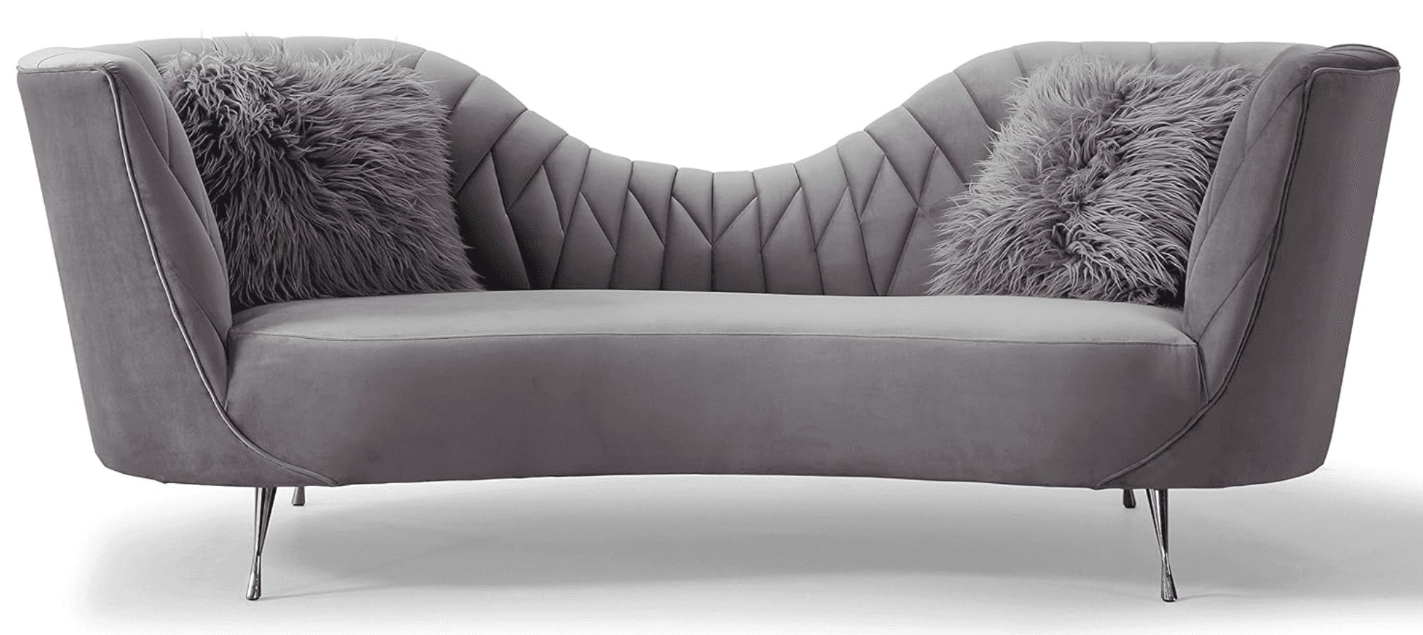 A grey velvet sofa with a distinctive wavy backrest featuring diamond-pattern tufting and a supporti… — 3D model