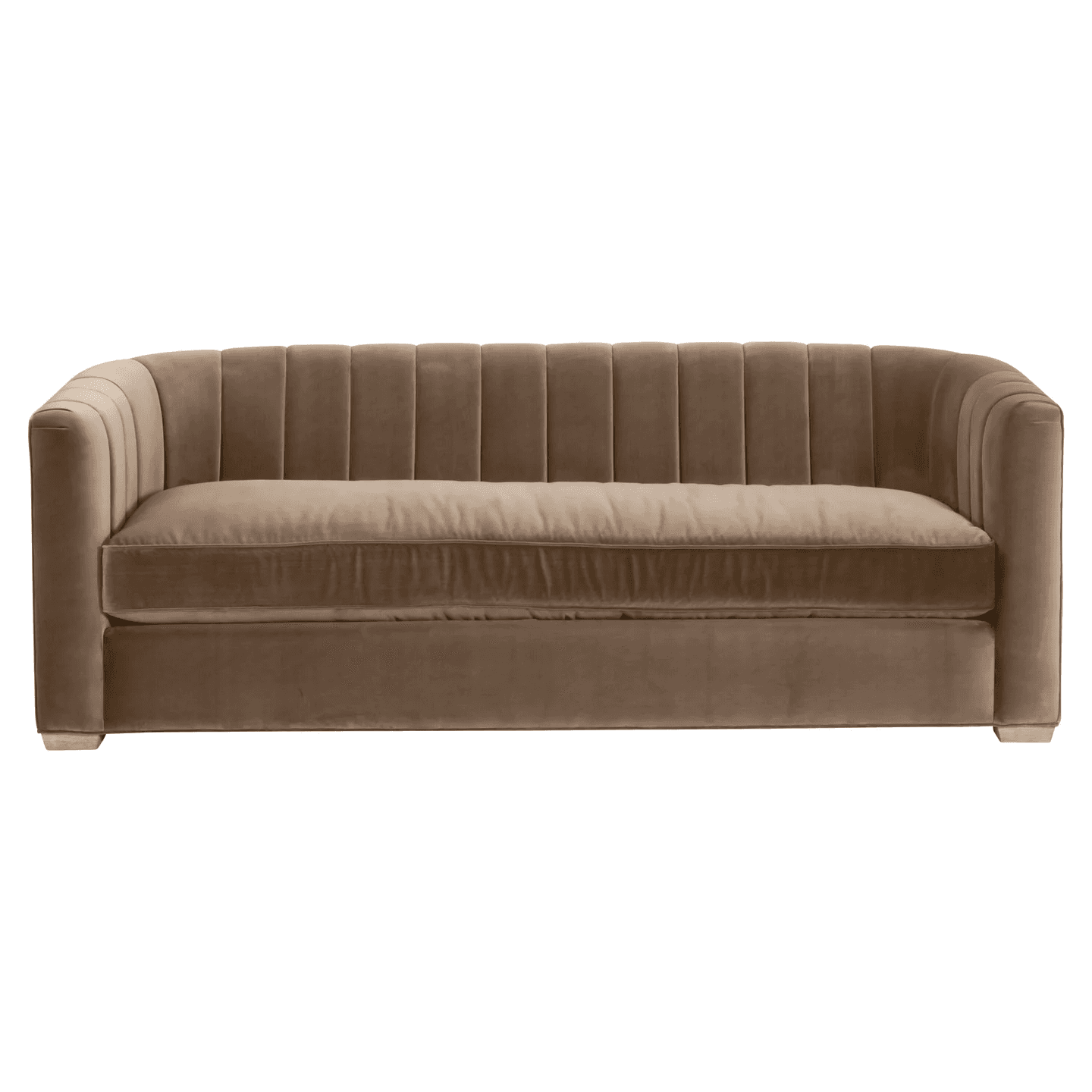 A contemporary three-seater sofa upholstered in a luxurious taupe velvet fabric, featuring vertical… — 3D model