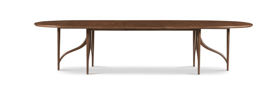 An oval-shaped dining table with a dark wood finish. The table features a segmented top and is suppo… — 3D model