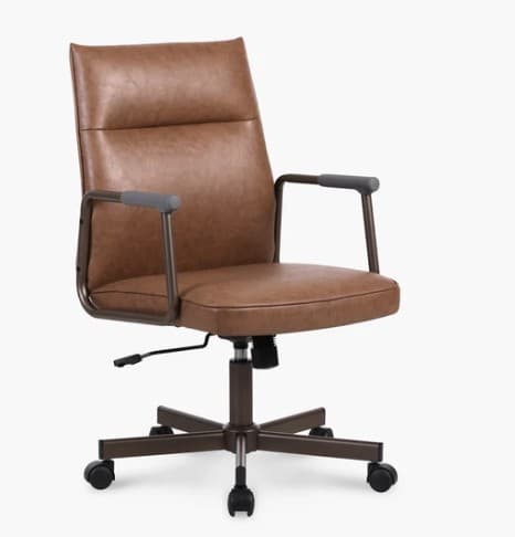 A brown upholstered office chair with a metal base and armrests. The chair features a high backrest with vertical stitching, a cushioned seat, and adjustable height mechanism. — 3D model