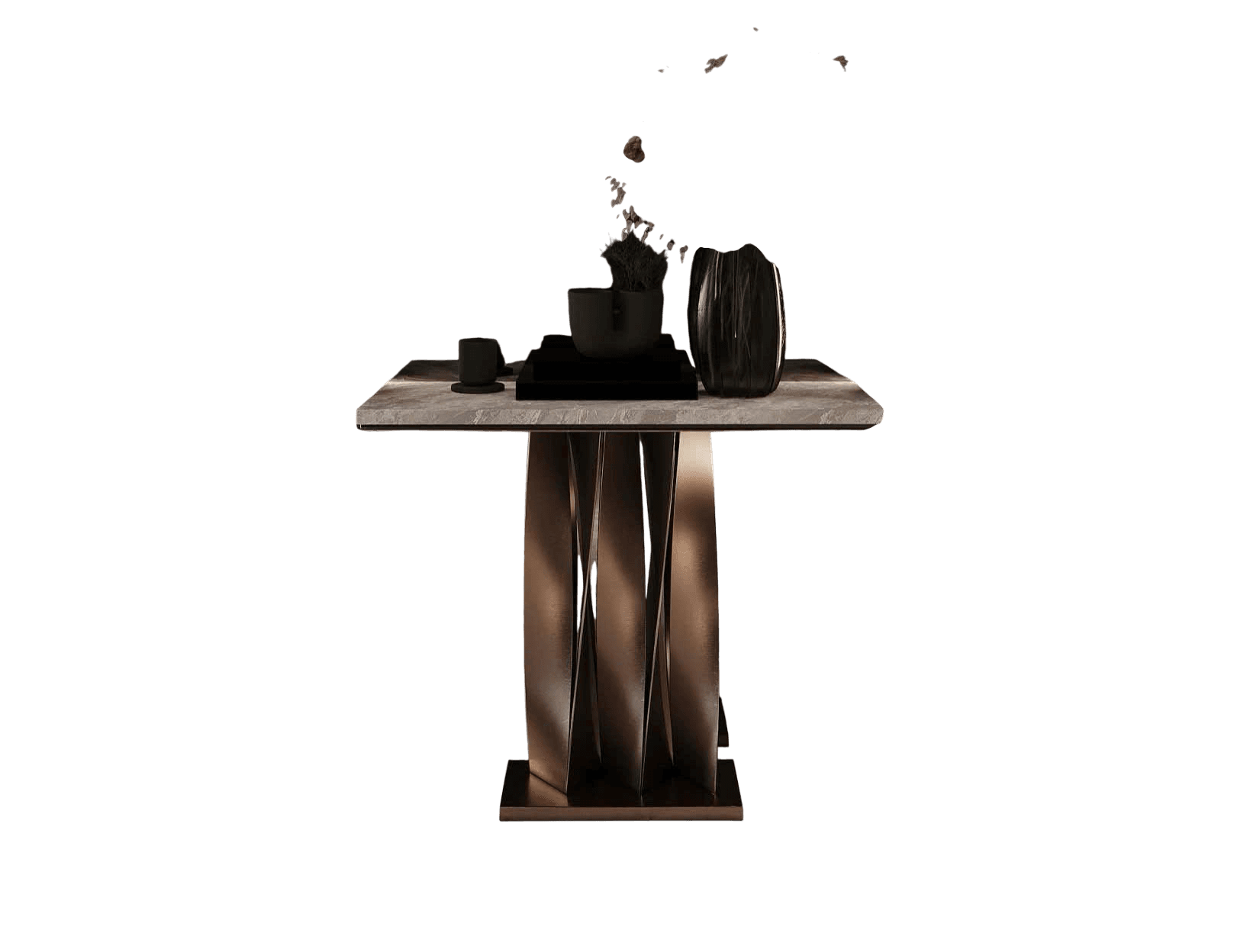 A square-topped side table with a marble surface and a distinctive, abstract pedestal base. The base consists of multiple metallic, twisted panels that converge towards the center, supported by a flat, rectangular metallic plinth. — 3D model