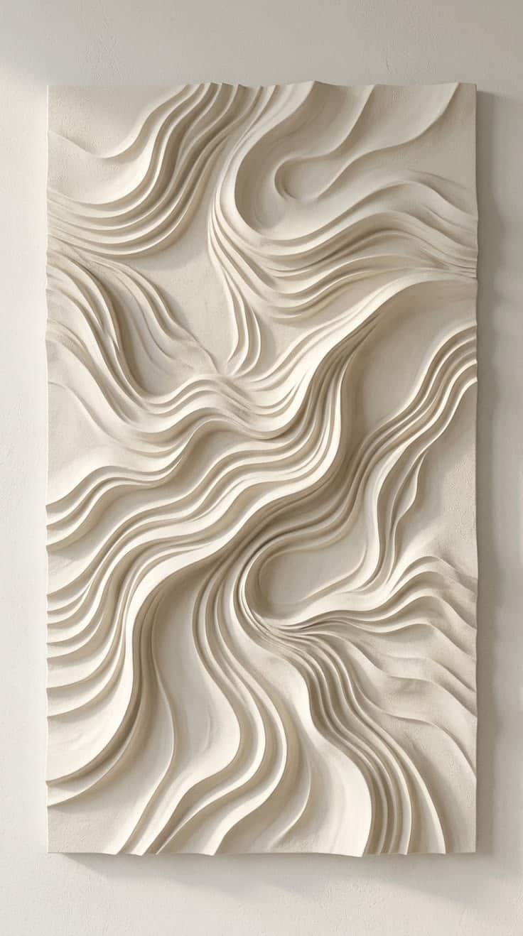 A rectangular framed wall art piece featuring a deeply sculpted, undulating relief pattern in a mono… — 3D model