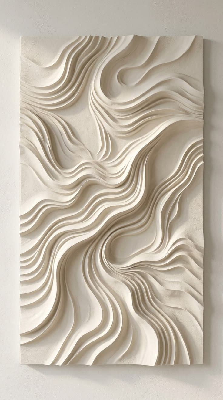 A rectangular framed wall art piece featuring a deeply sculpted, undulating relief pattern in a monochromatic cream or off-white color. The three-dimensional surface creates a dynamic, wavy texture within the simple, thin frame. — 3D model