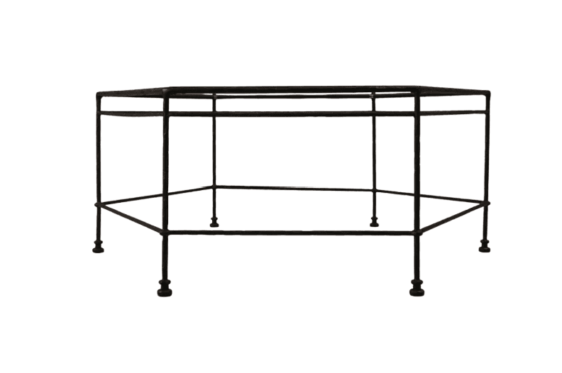 A black, hexagonal metal frame designed as a table base, featuring slender, interconnected rods form… — 3D model