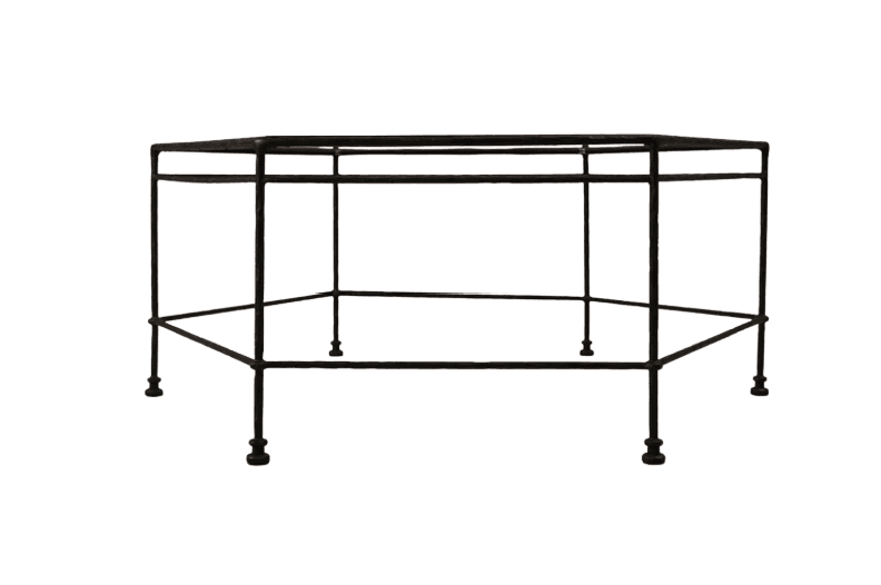 A black, hexagonal metal frame designed as a table base, featuring slender, interconnected rods forming the structure and six small feet at the bottom. It appears to be made of wrought iron. — 3D model