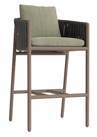 A modern bar stool with a metal frame and woven detailing on the arms. It features a cushioned seat… — 3D model