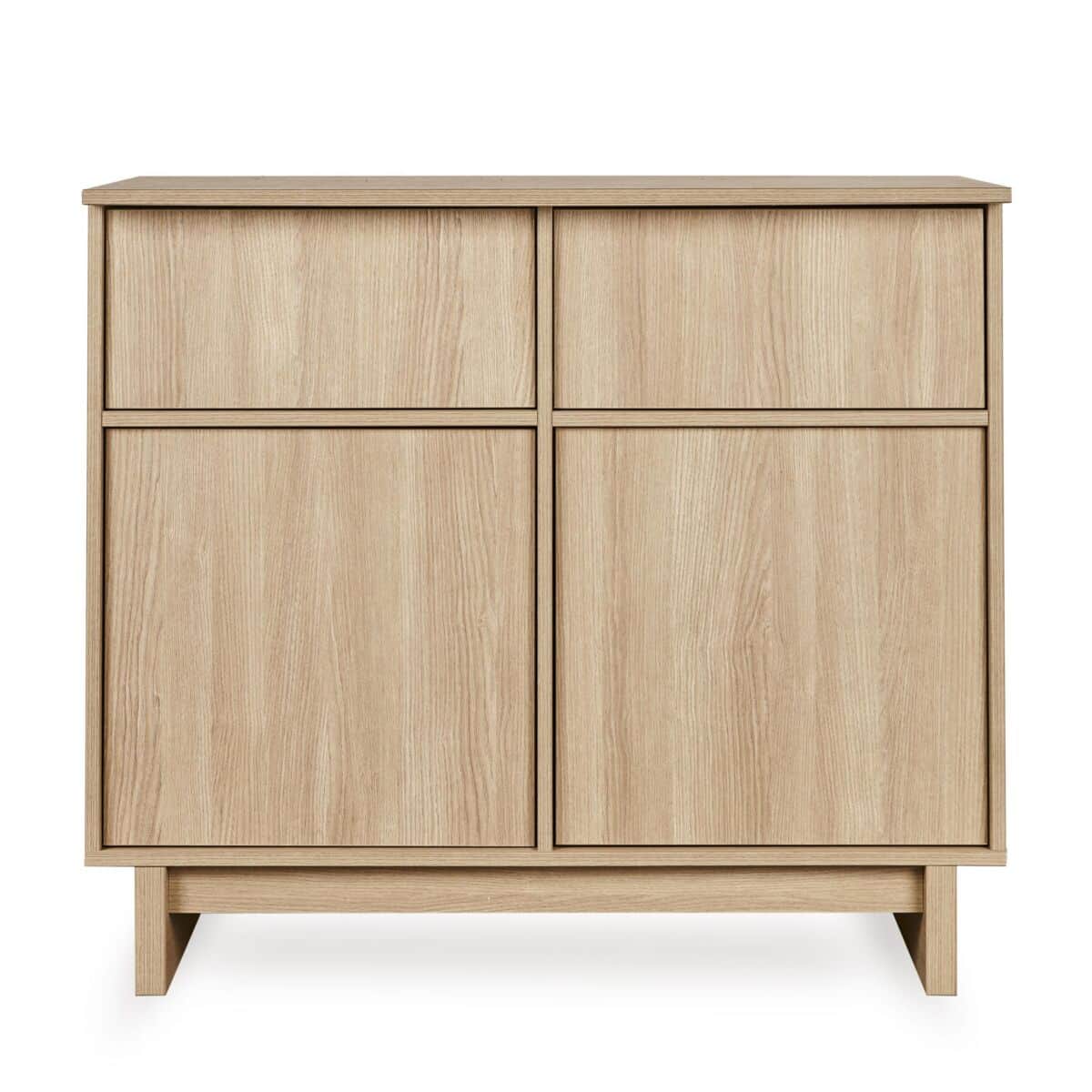A contemporary cabinet with a light wood finish. It features a rectangular top, and the front is div… — 3D model