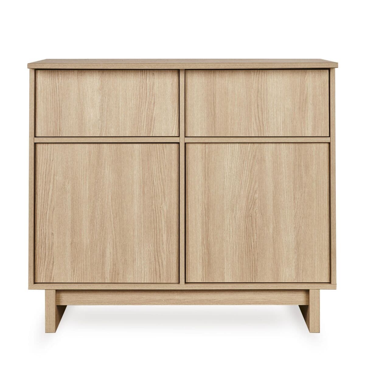 A contemporary cabinet with a light wood finish. It features a rectangular top, and the front is divided into four panels. The top two panels appear to be drawers, while the bottom two are cabinet doors. The unit is supported by a plinth and four tapered legs. — 3D model
