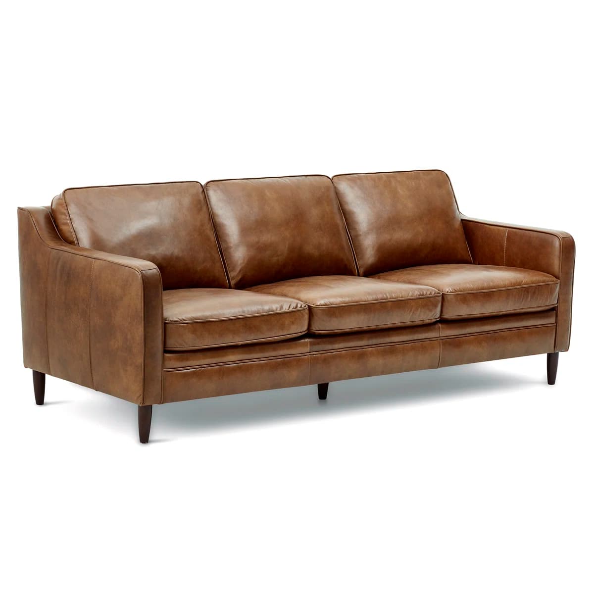 A three-seater sofa with a classic design. It features a low profile with tailored cushions and tapered wooden legs. The upholstery appears to be a distressed brown leather, giving it a vintage or rustic aesthetic. — 3D model