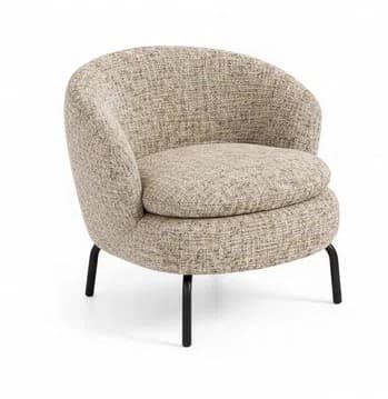 A modern, compact tub chair featuring a rounded, continuous back and integrated armrests, upholstered in a textured, neutral-toned fabric, supported by slender, tapered black metal legs. — 3D model