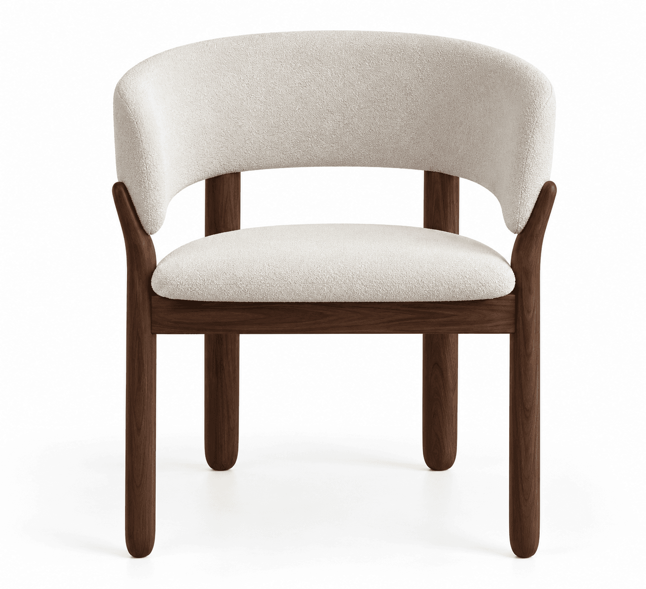 A contemporary armchair featuring a dark wood frame and light, textured fabric upholstery. The chair has a curved backrest that seamlessly transitions into integrated armrests. It stands on four sturdy, rounded legs. — 3D model
