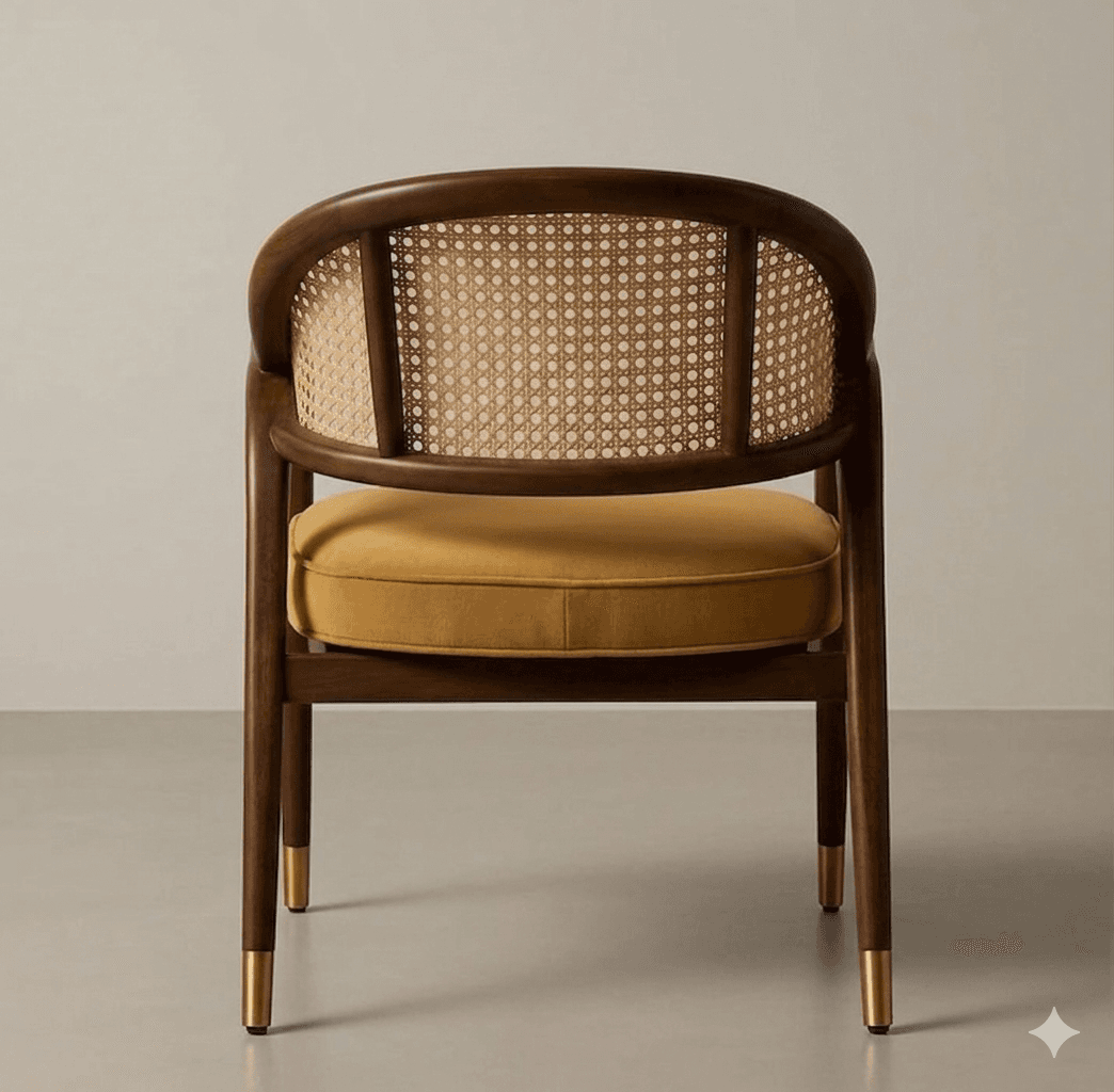 A wooden armchair with a curved backrest featuring cane webbing. The seat is upholstered with a mustard-yellow cushion. The legs are tapered and adorned with brass-colored caps at the bottom. — 3D model