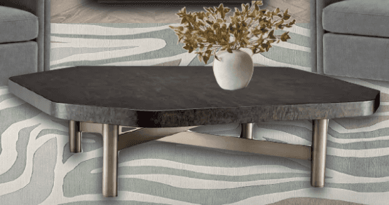 A modern coffee table with an angular, dark-toned tabletop and metallic legs. The tabletop has a woo… — free SKP 3D model