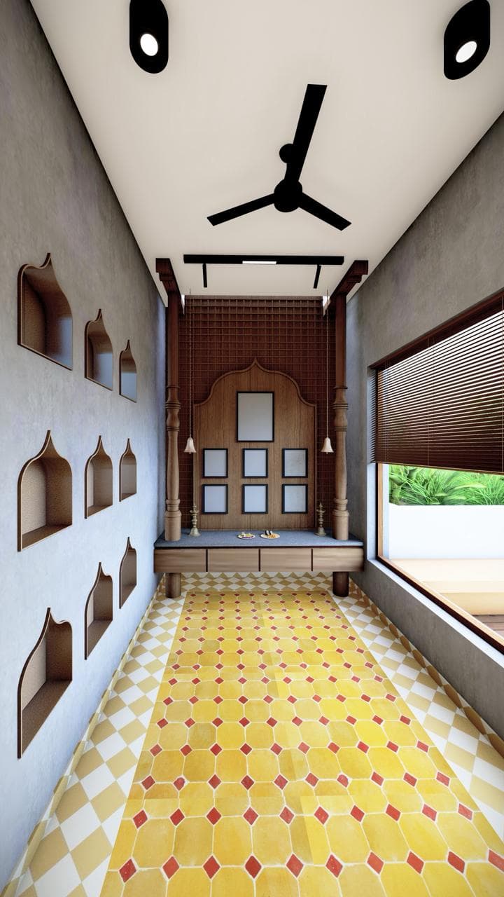 A traditional Indian pooja unit crafted from medium-toned wood, featuring an intricate lattice-patterned back panel and a prominent central arch. The unit includes two heavily carved pillars that support an overhead structure. Below the display area, there is a grey stone countertop with several integrated drawers, resting on short, stout wooden legs. Decorative elements such as small bells and miniature framed images adorn the back panel. — 3D model