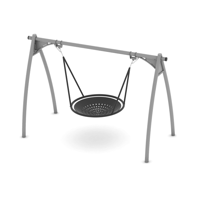 A modern freestanding outdoor swing set with a grey powder-coated metal A-frame structure supporting… — free OBJ 3D model