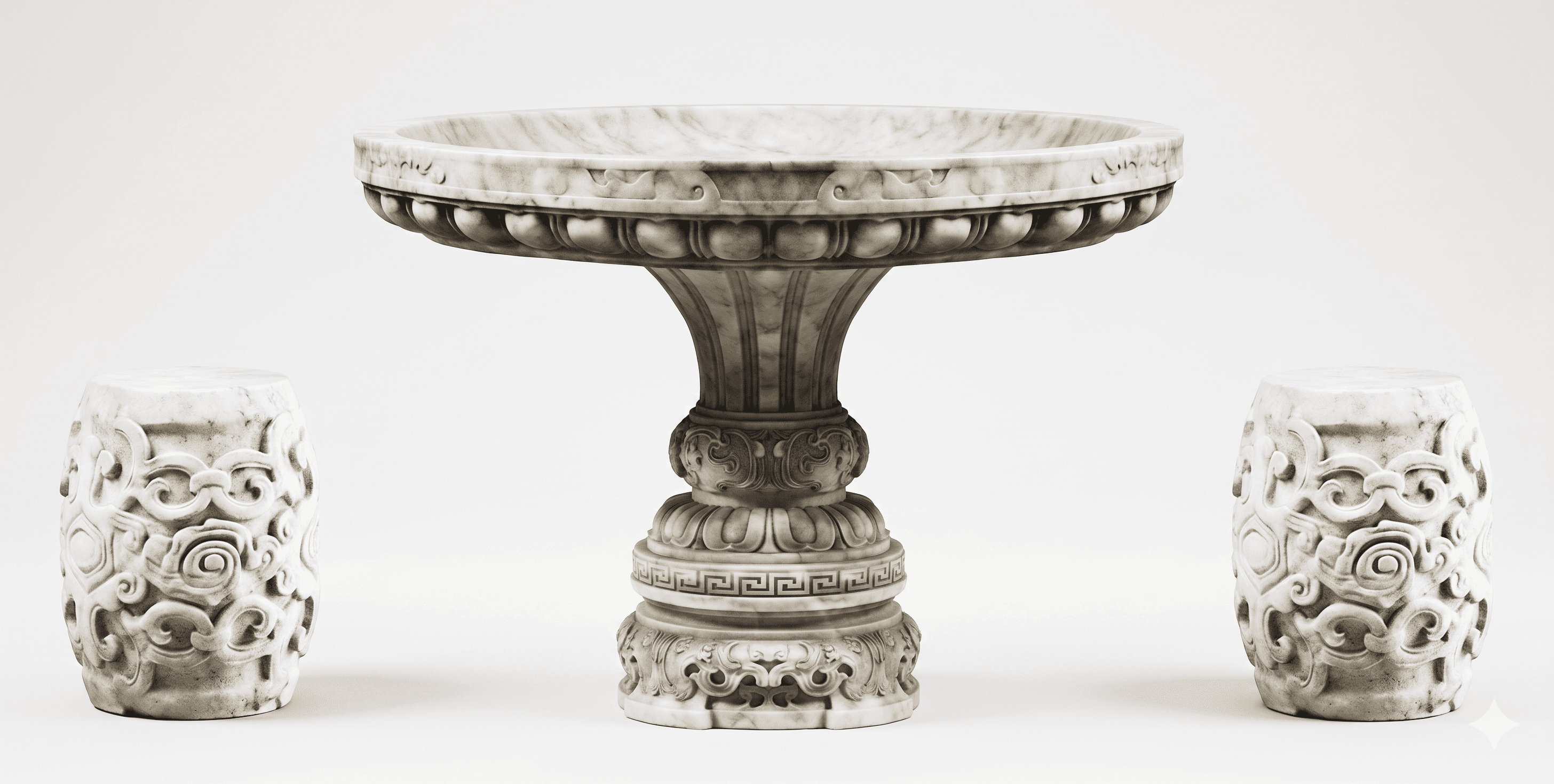 A marble pedestal table with ornate carvings, accompanied by two matching cylindrical stools or garden seats. The central pedestal is multi-tiered, featuring fluting and decorative moldings, topped by a wide, shallow basin-like surface. The two side objects are cylindrical, also heavily carved with floral and swirling motifs. The overall aesthetic suggests an antique or classical style, possibly for garden or interior decorative use. — 3D model