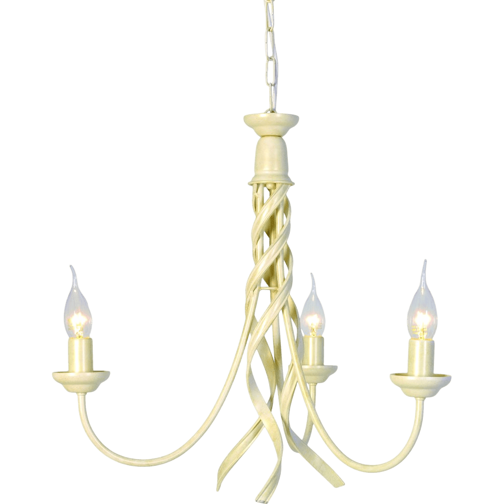 A cream-colored chandelier with a central twisted column and three arms supporting candle-shaped bulbs. It is suspended by a chain and features a decorative cap at the top. — 3D model
