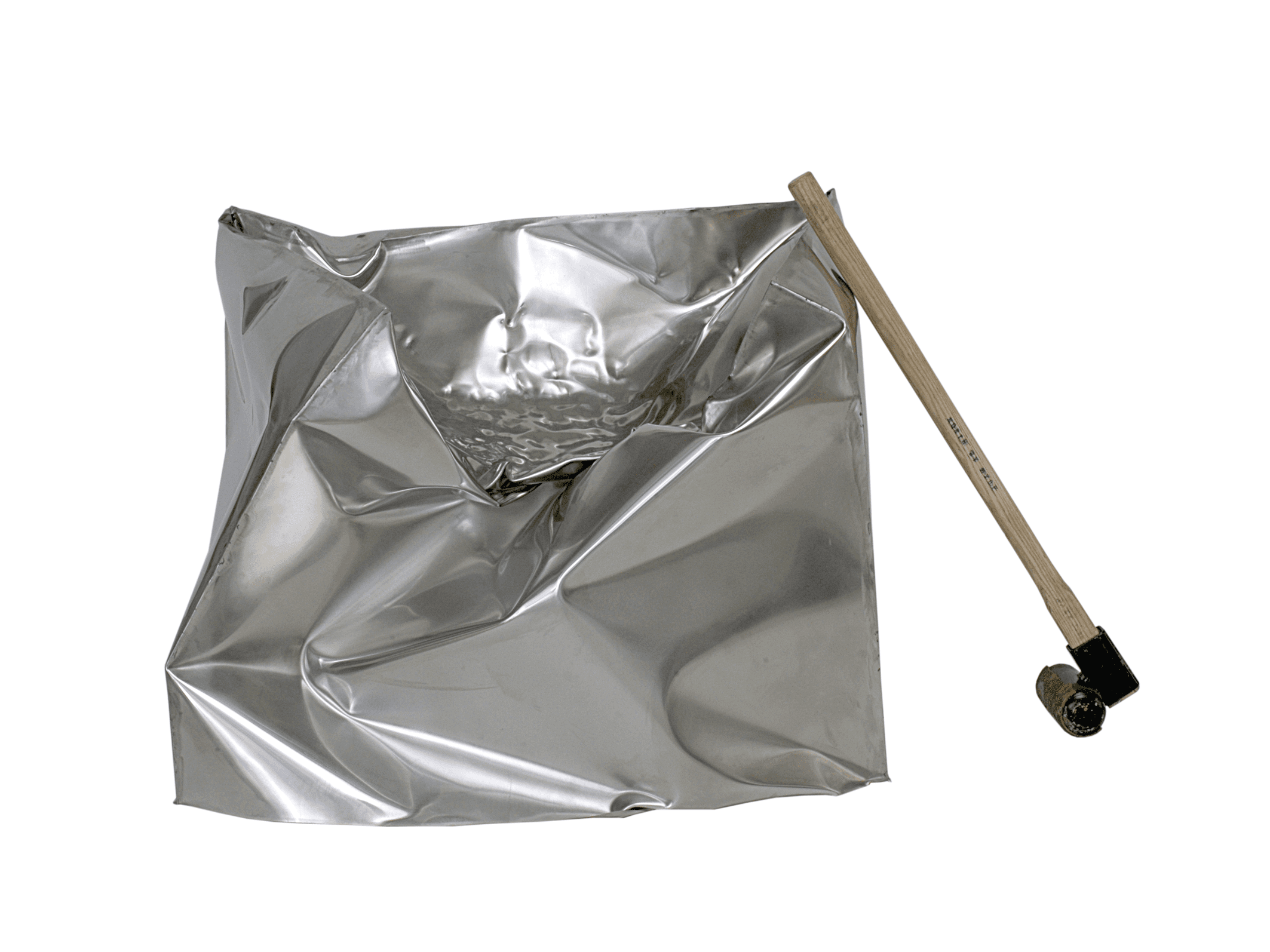 A crinkled, silver-colored bean bag chair, resembling a large piece of crumpled metallic foil, is de… — 3D model