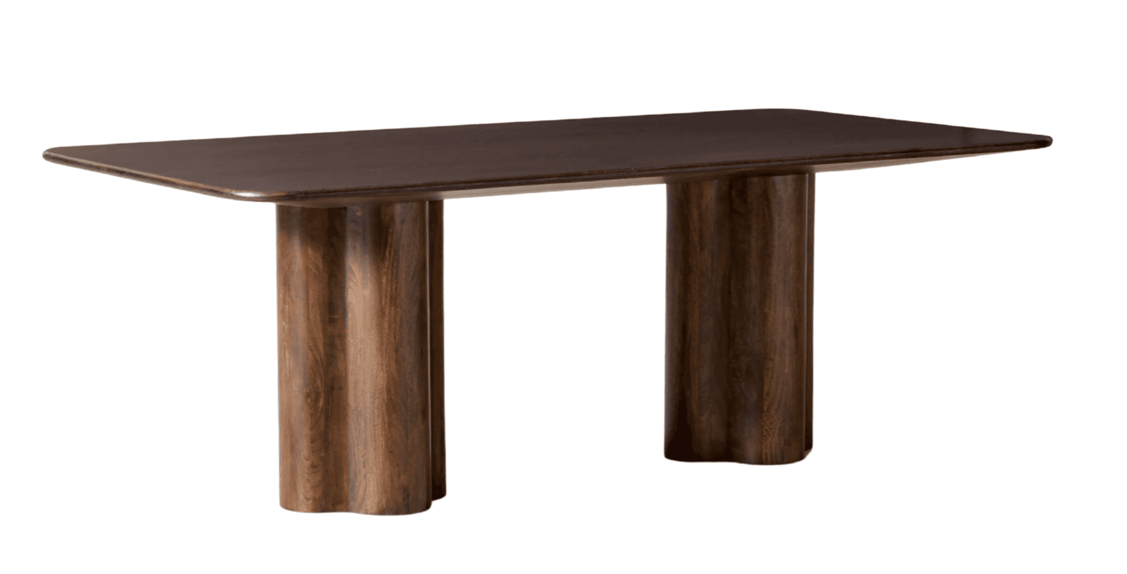 A dark, rectangular dining table with rounded corners and two thick, fluted pedestal legs. The table… — 3D model