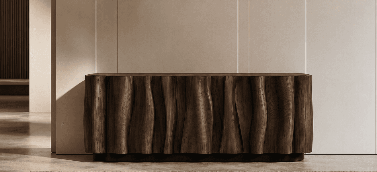 A contemporary sideboard featuring a distinctive wavy, undulating facade crafted from dark-stained w… — 3D model