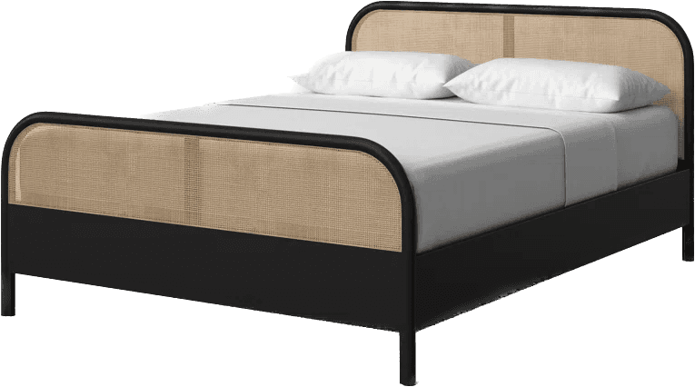 A modern platform bed featuring a black metal frame with rounded corners and natural cane panels int… — 3D model