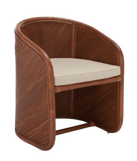 A barrel-shaped armchair constructed from rattan, featuring a curved back and armrests. The side pan… — 3D model