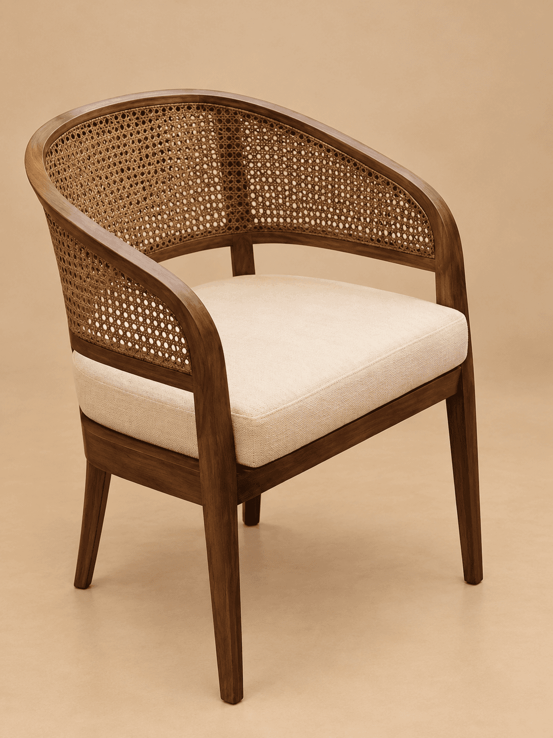 A contemporary armchair featuring a solid wood frame with a curved barrel-style back and arms, incor… — 3D model