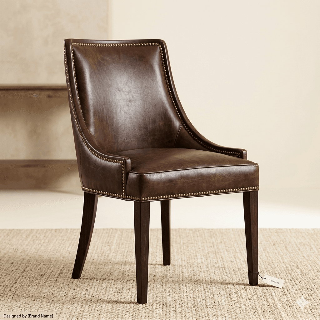 A dark brown, upholstered accent chair with a curved back and seat, featuring nailhead trim along the edges of the upholstery. The chair has four tapered wooden legs in a dark finish. It is placed on a woven rug. — 3D model