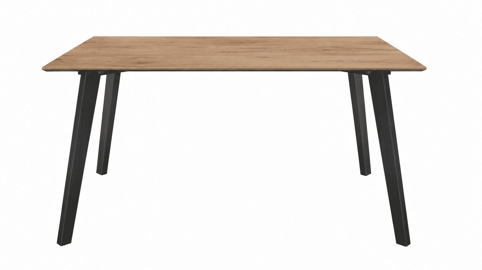 A rectangular dining table featuring a light wood-grain top and four angled black metal legs, set ag… — 3D model
