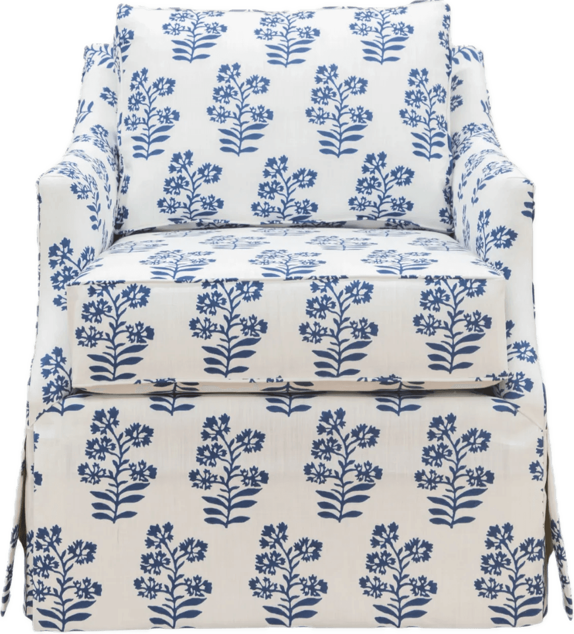 A fully upholstered armchair featuring a distinctive blue floral pattern against a white background.… — free OBJ 3D model