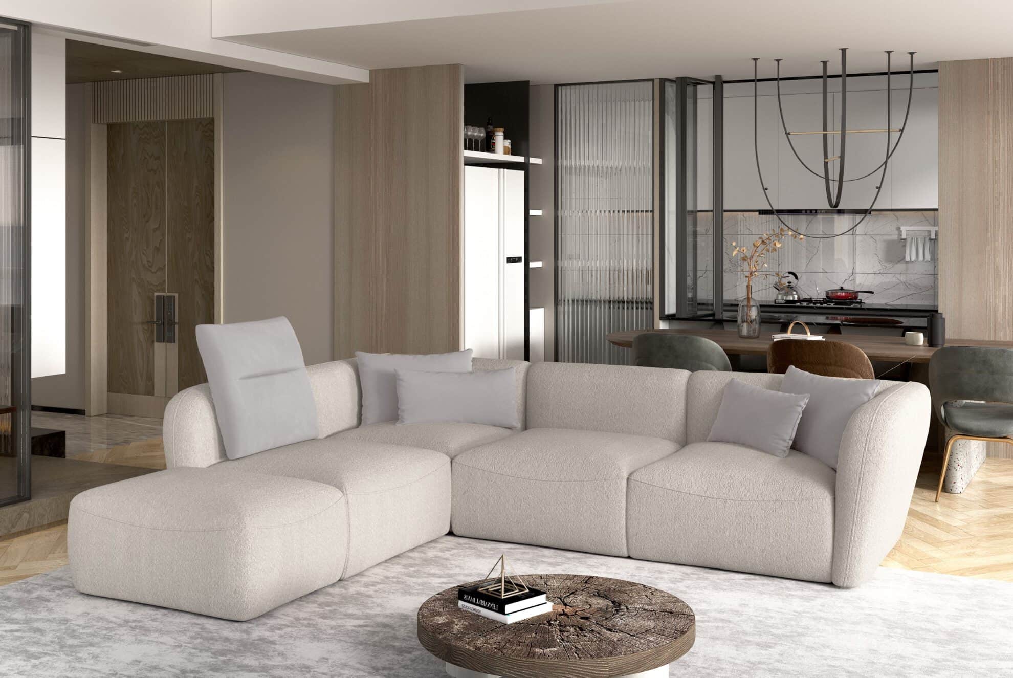 A large, L-shaped sectional sofa with a low profile and rounded edges. It is upholstered in a textur… — 3D model