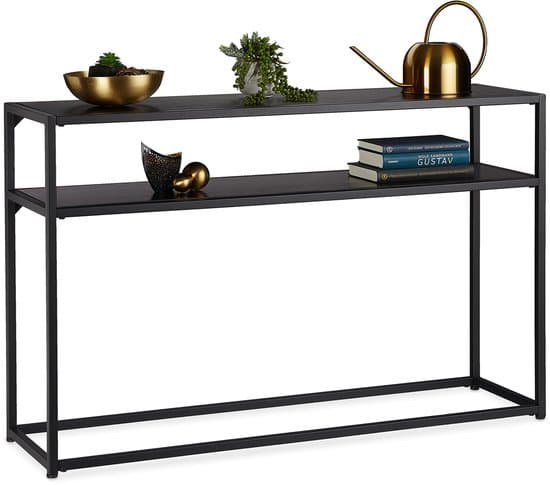 A slim, two-tiered console table featuring a minimalist design with a black metal frame and two dark, presumably wood-effect, rectangular shelves. — 3D model