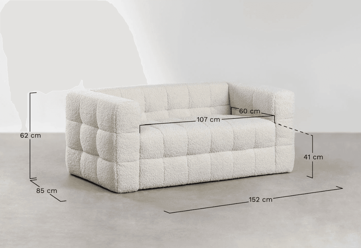 A contemporary two-seater loveseat upholstered in an off-white boucle fabric, featuring deep tufting… — free GLB 3D model
