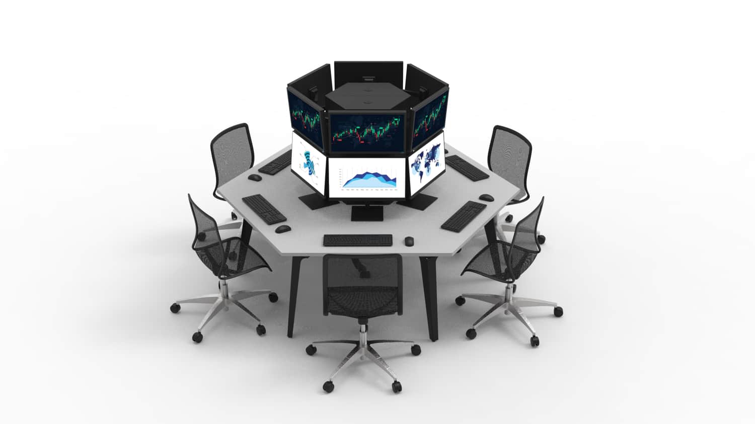 A multi-station office desk designed for collaborative work or trading environments, featuring a hex… — 3D model