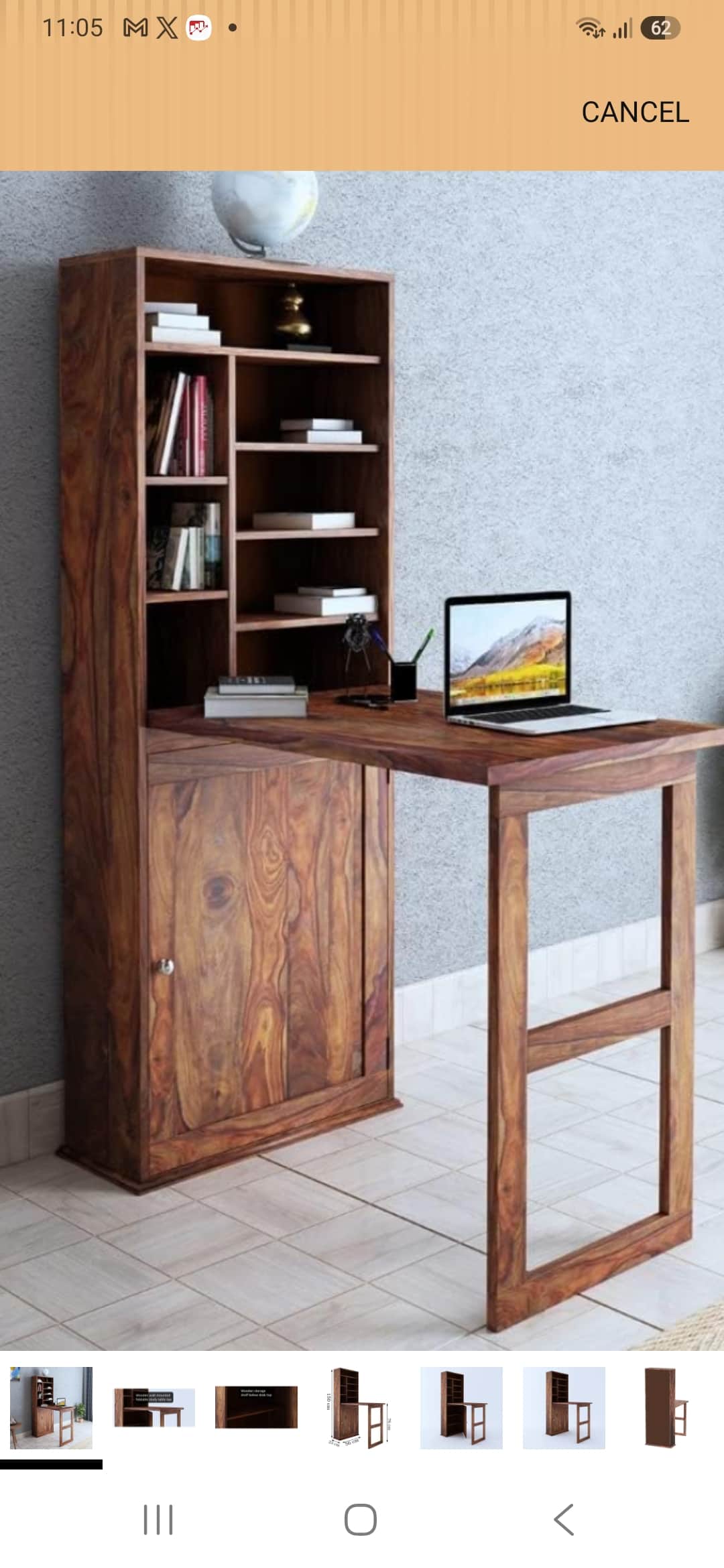 A compact wooden furniture unit, featuring a fold-out writing desk surface, integrated shelving, and… — 3D model