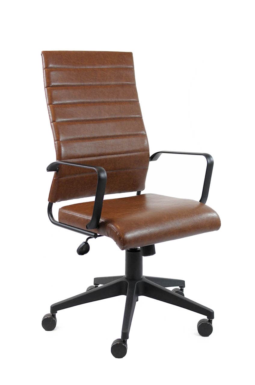 A high-back office chair with brown faux leather upholstery featuring horizontal ribbing, black metal armrests, and a black five-star caster base with an adjustable height mechanism. — 3D model