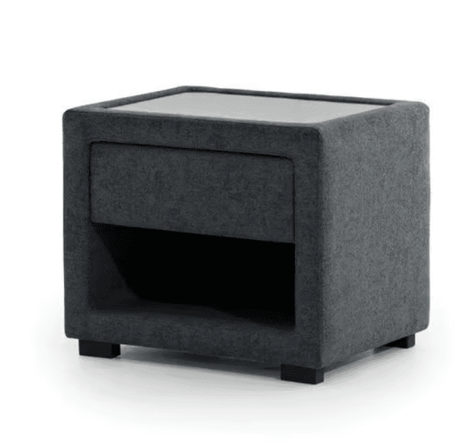 A contemporary bedside table upholstered in a dark grey fabric, featuring a recessed glass top, a si… — 3D model