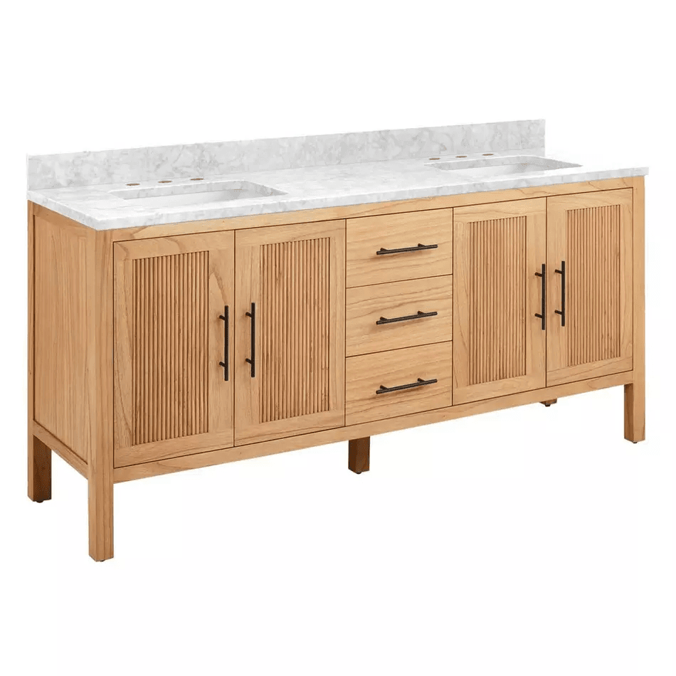 A long, light-colored wooden bathroom vanity with a marble countertop and two integrated sinks. The vanity features fluted cabinet doors and three central drawers. It is supported by four legs and has black hardware. — 3D model