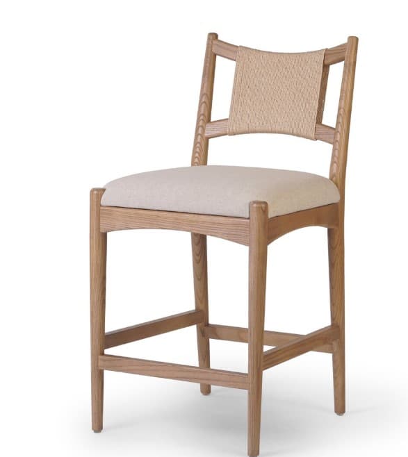 A wooden bar stool with a woven backrest and a padded seat. The stool features a four-legged design with crossbars for stability, and a slightly curved seat. — 3D model